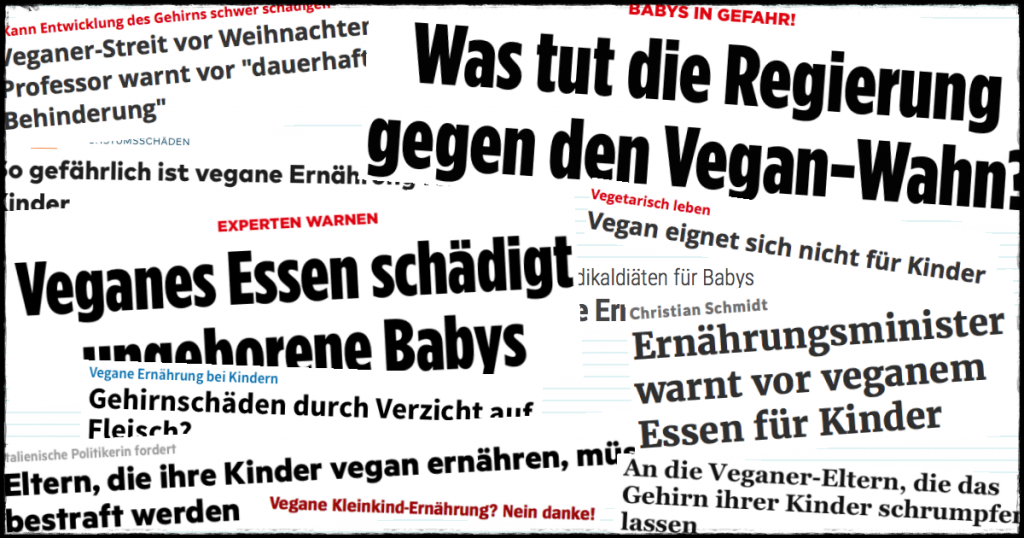 Schlagzeilen diffamierender Artikel über vegane Kinderernährung
