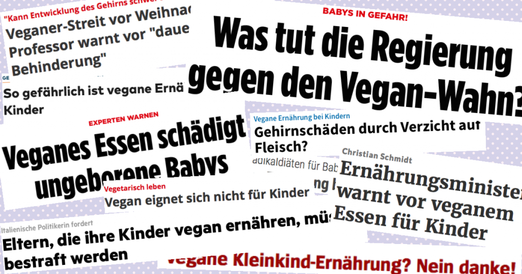 Schlagzeilen diffamierender Artikel über vegane Kinderernährung